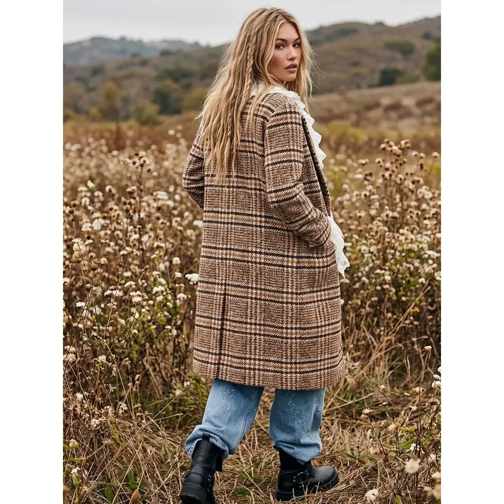 Free People Grunge Preppy Adore You Plaid Longline Wool Coat Brown Small